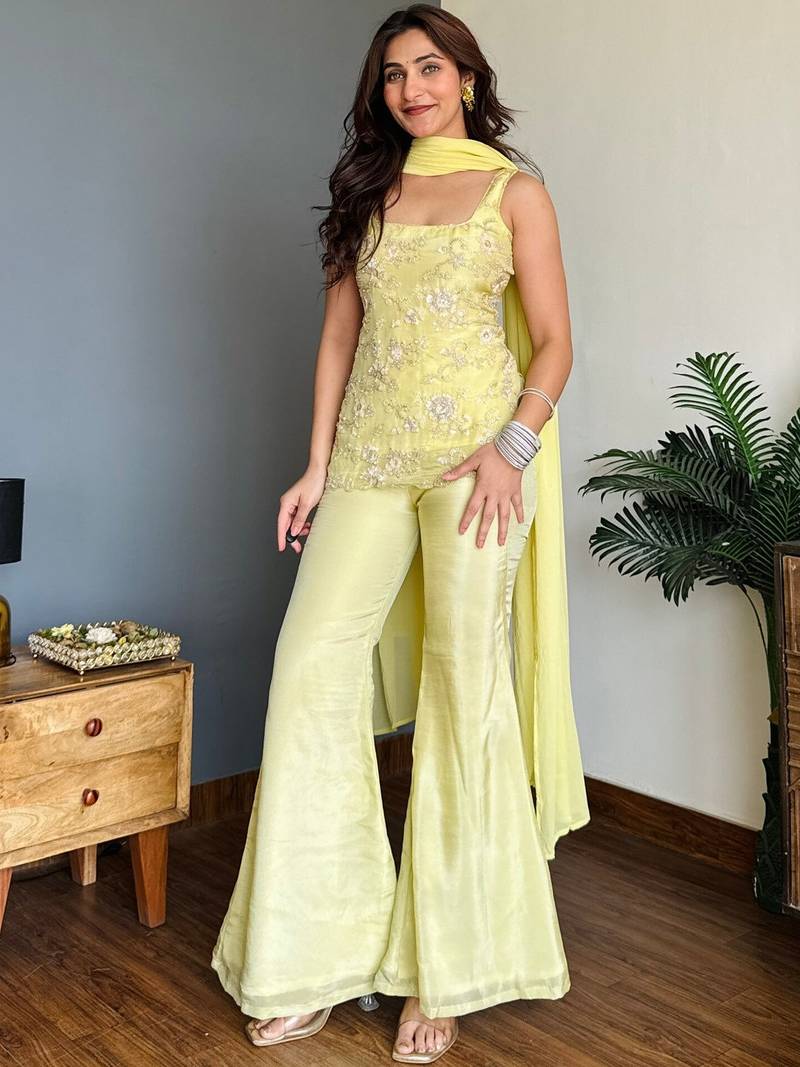 Lime Green Embroidered Palazzo Suit with Dupatta