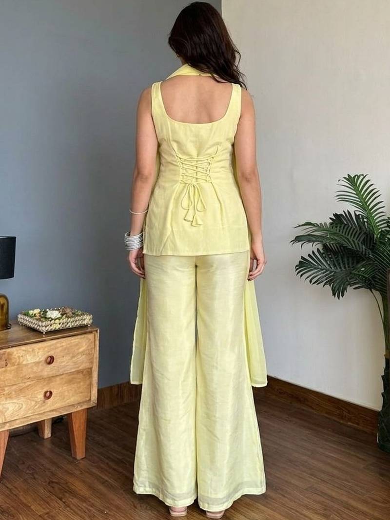 Lime Green Embroidered Palazzo Suit with Dupatta