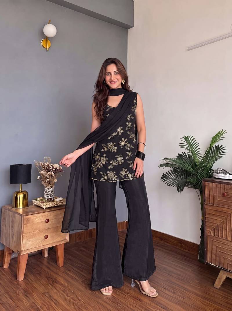 Black Embroidered Flared Palazzo Suit with Dupatta