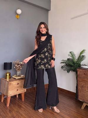 Black Embroidered Flared Palazzo Suit with Dupatta 1