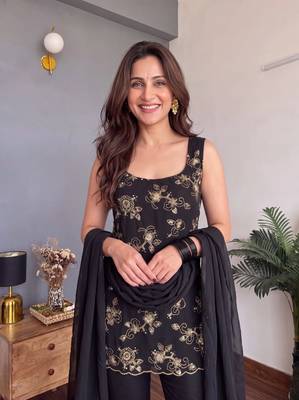 Black Embroidered Flared Palazzo Suit with Dupatta 3