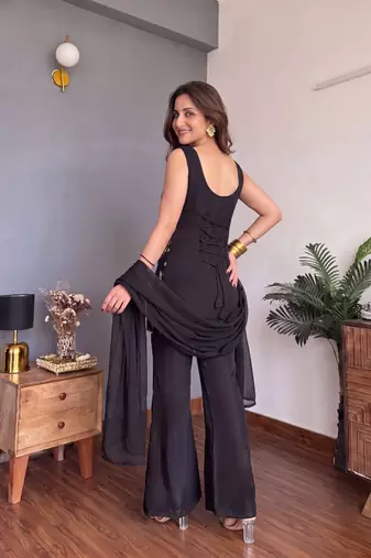 Black Embroidered Flared Palazzo Suit with Dupatta
