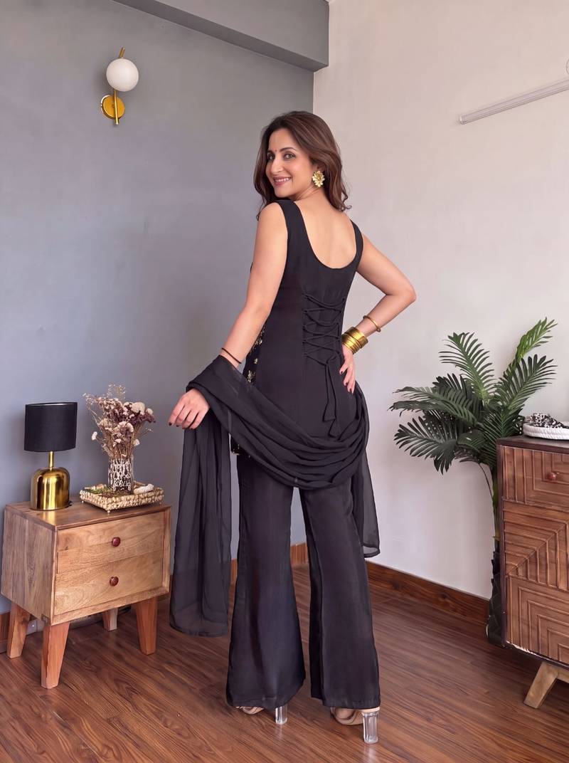 Black Embroidered Flared Palazzo Suit with Dupatta