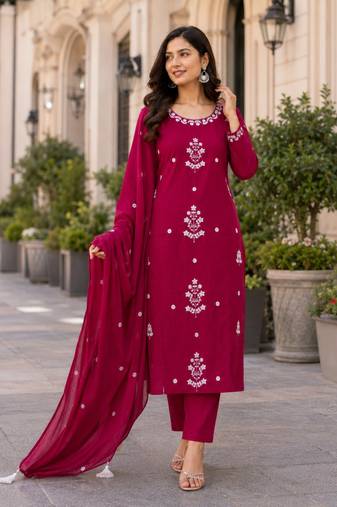 Wine Pink Embroidered Kurta Pant Set with Dupatta