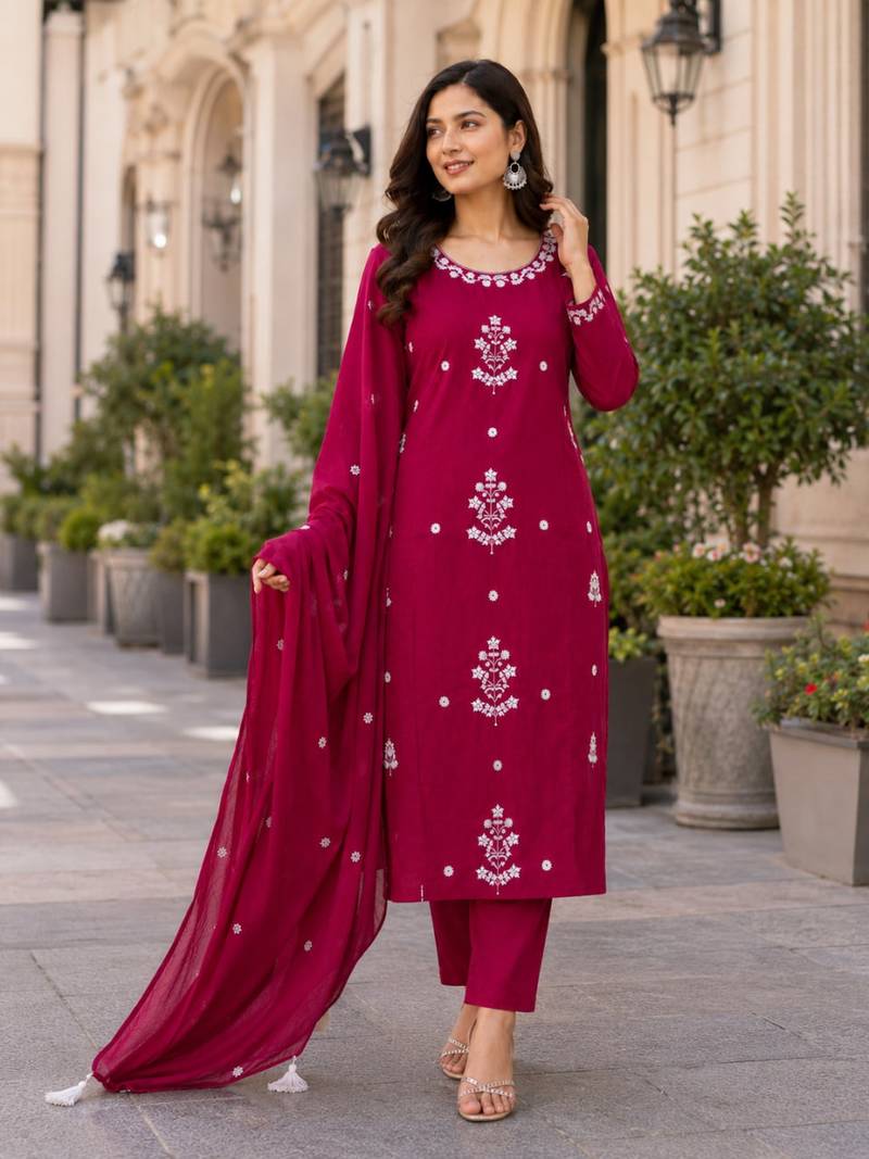 Wine Pink Embroidered Kurta Pant Set with Dupatta