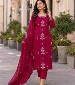 Wine Pink Embroidered Kurta Pant Set with Dupatta