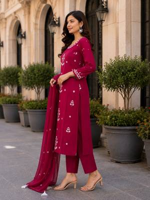 Wine Pink Embroidered Kurta Pant Set with Dupatta 2