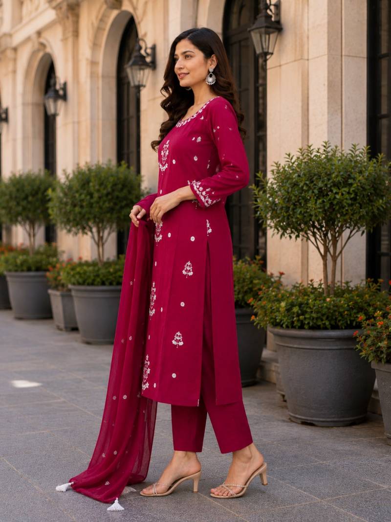 Wine Pink Embroidered Kurta Pant Set with Dupatta