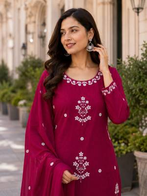 Wine Pink Embroidered Kurta Pant Set with Dupatta 3