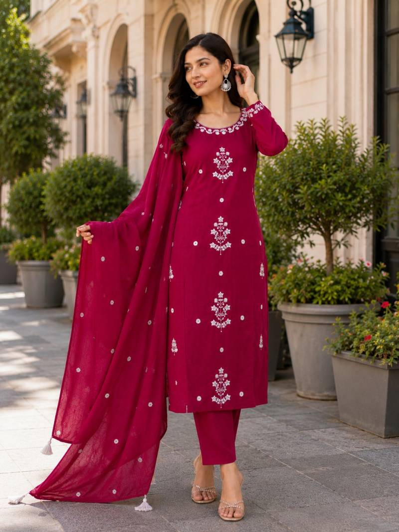Wine Pink Embroidered Kurta Pant Set with Dupatta