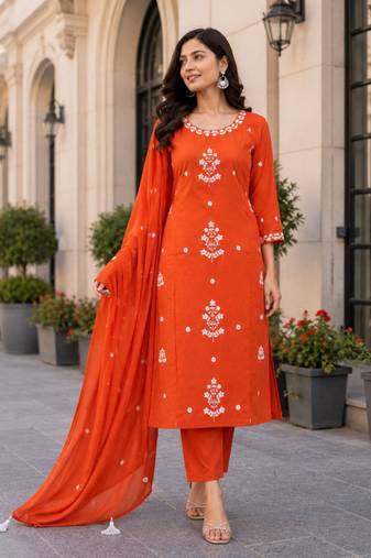 Bright Orange Embroidered Kurta Pant Set with Dupatta