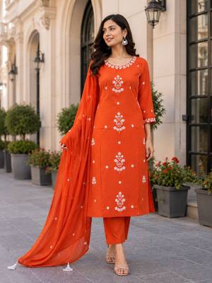 Bright Orange Embroidered Kurta Pant Set with Dupatta 1