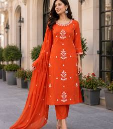 Bright Orange Embroidered Kurta Pant Set with Dupatta