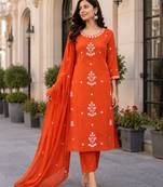 Bright Orange Embroidered Kurta Pant Set with Dupatta