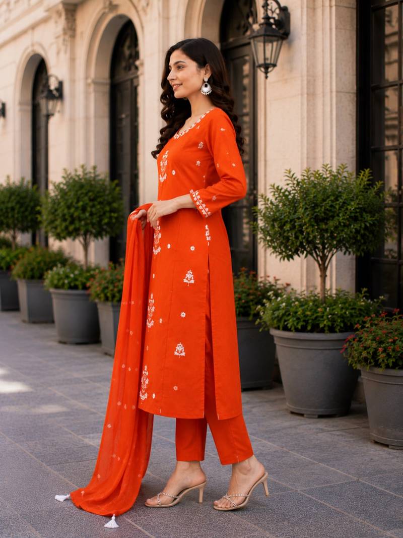 Bright Orange Embroidered Kurta Pant Set with Dupatta