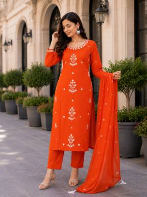 Bright Orange Embroidered Kurta Pant Set with Dupatta 3