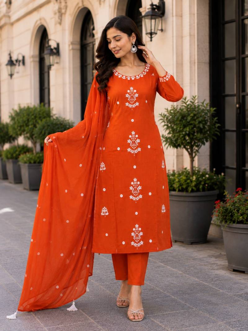 Bright Orange Embroidered Kurta Pant Set with Dupatta