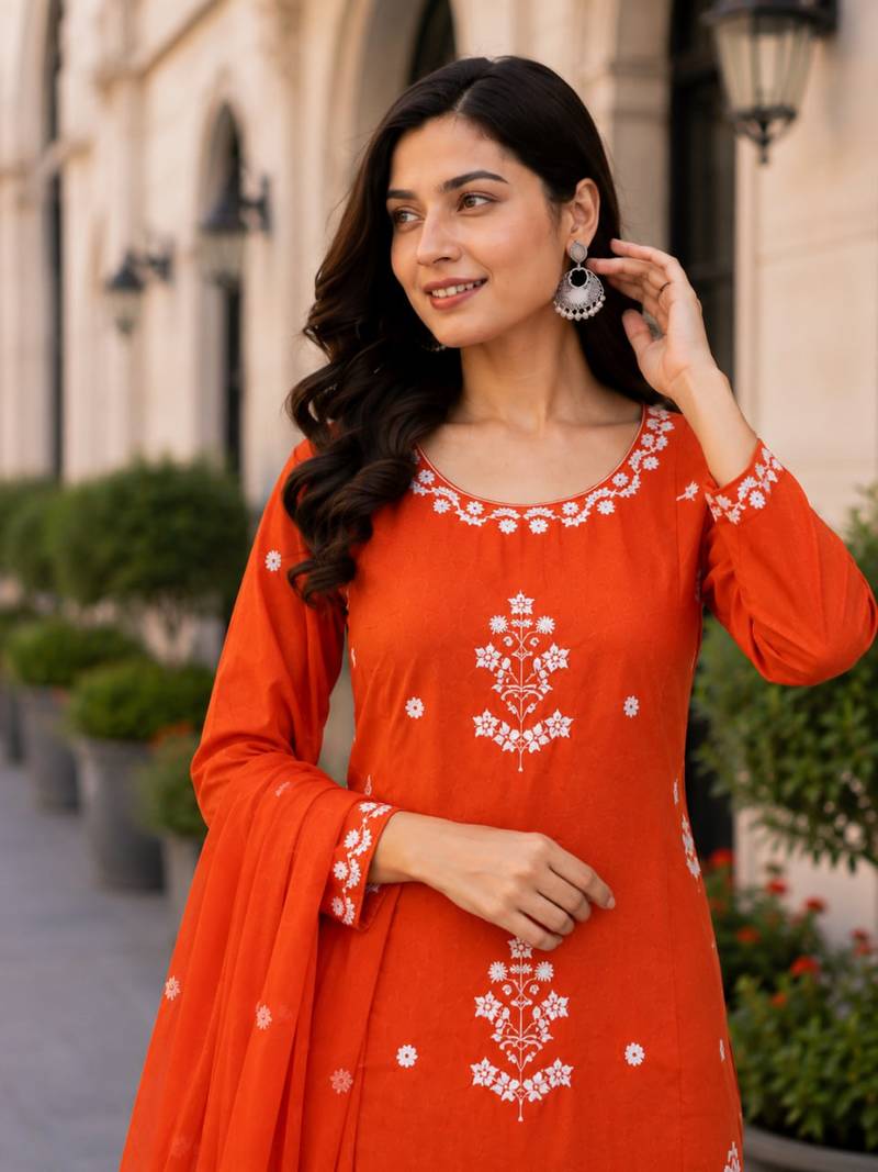 Bright Orange Embroidered Kurta Pant Set with Dupatta