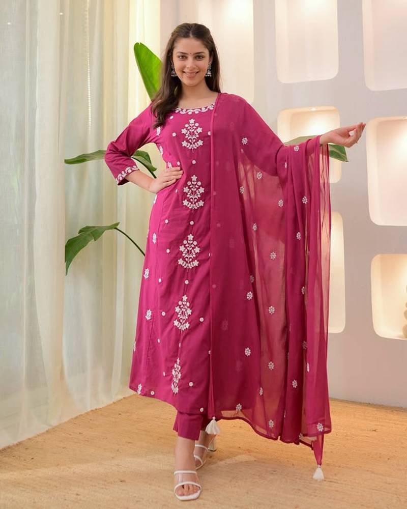 Womens Pink rayon straight kurta set hand embroidered festival wear