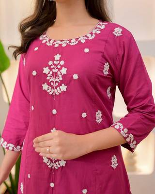 Womens Pink rayon straight kurta set hand embroidered festival wear 4