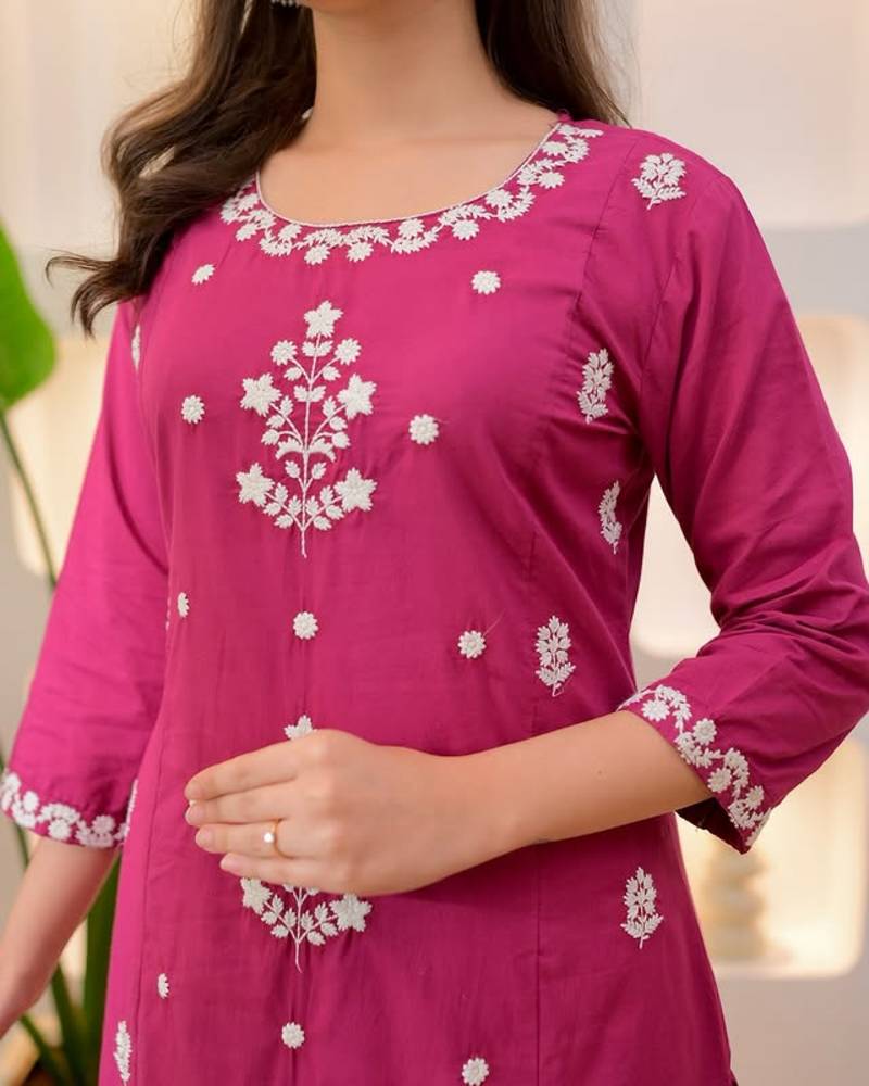 Womens Pink rayon straight kurta set hand embroidered festival wear