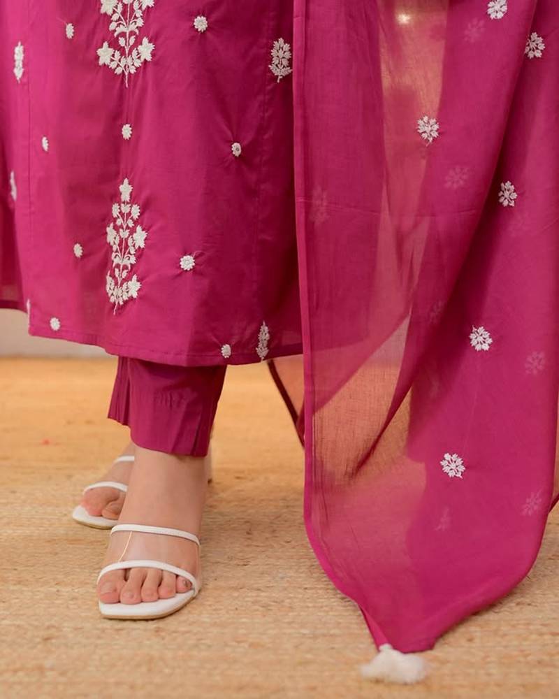 Womens Pink rayon straight kurta set hand embroidered festival wear