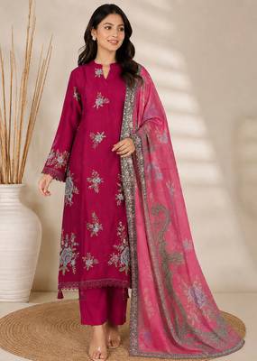 Magenta Embroidered Cotton Suit with Printed Dupatta 1
