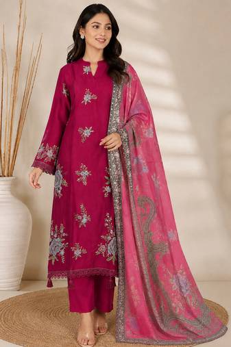 Magenta Embroidered Cotton Suit with Printed Dupatta