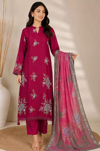 Magenta Embroidered Cotton Suit with Printed Dupatta