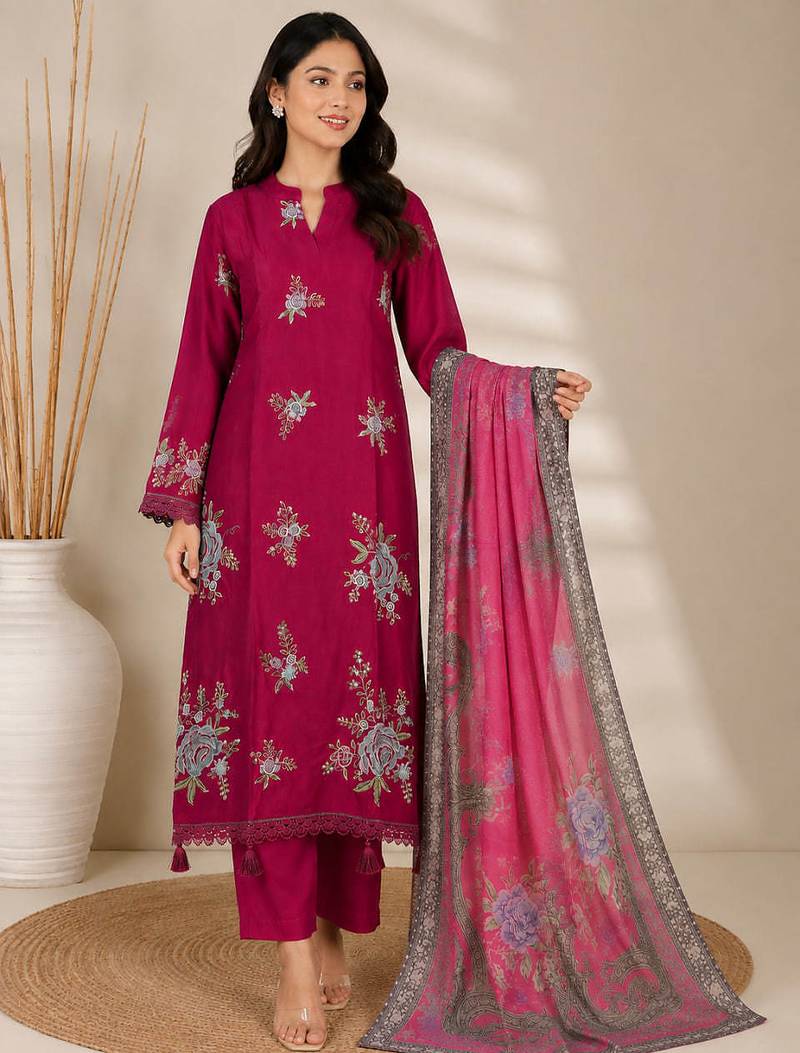 Magenta Embroidered Cotton Suit with Printed Dupatta
