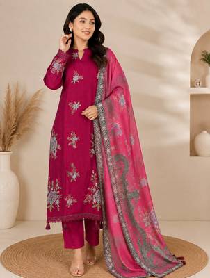 Magenta Embroidered Cotton Suit with Printed Dupatta 3
