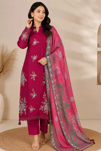 Magenta Embroidered Cotton Suit with Printed Dupatta