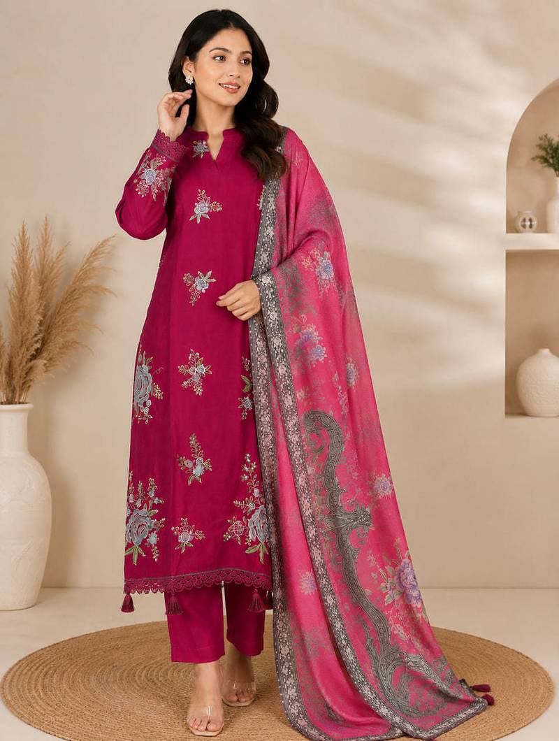 Magenta Embroidered Cotton Suit with Printed Dupatta
