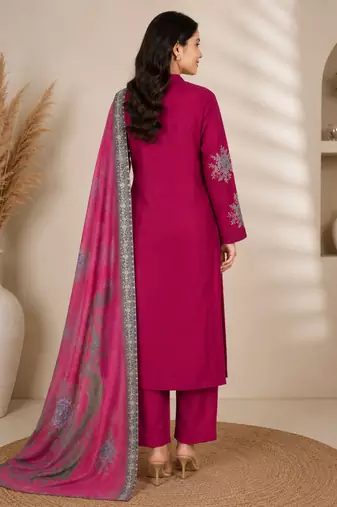 Magenta Embroidered Cotton Suit with Printed Dupatta