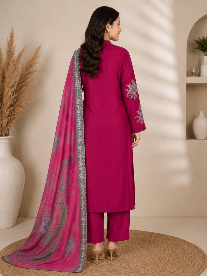 Magenta Embroidered Cotton Suit with Printed Dupatta