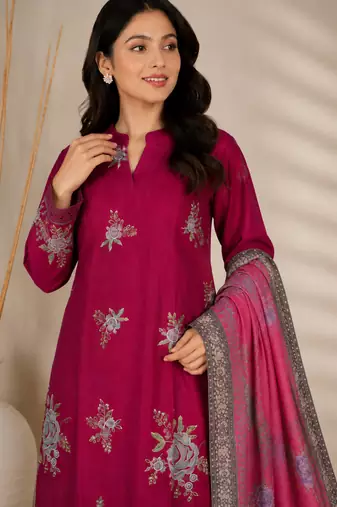 Magenta Embroidered Cotton Suit with Printed Dupatta