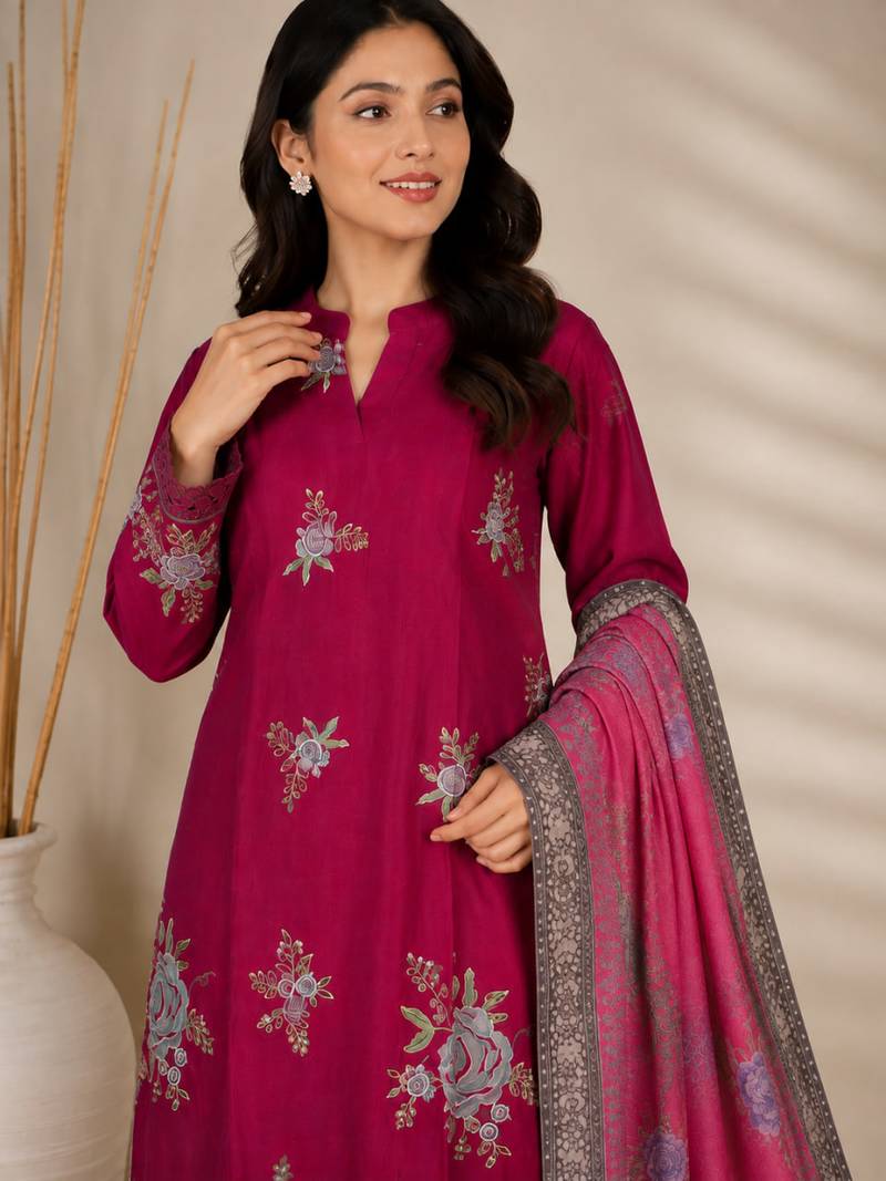Magenta Embroidered Cotton Suit with Printed Dupatta