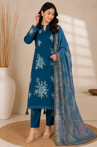 Teal Blue Embroidered Pakistani Suit with Printed Dupatta