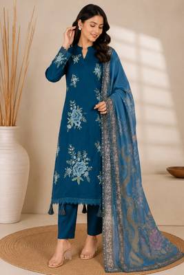 Teal Blue Embroidered Pakistani Suit with Printed Dupatta 1