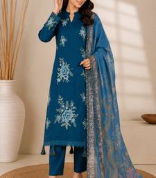Teal Blue Embroidered Pakistani Suit with Printed Dupatta