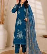 Teal Blue Embroidered Pakistani Suit with Printed Dupatta