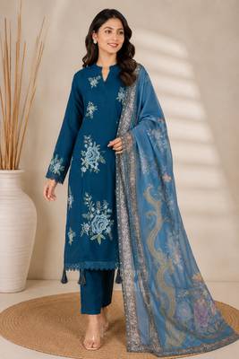 Teal Blue Embroidered Pakistani Suit with Printed Dupatta 2