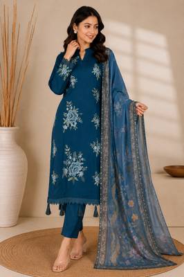 Teal Blue Embroidered Pakistani Suit with Printed Dupatta 3