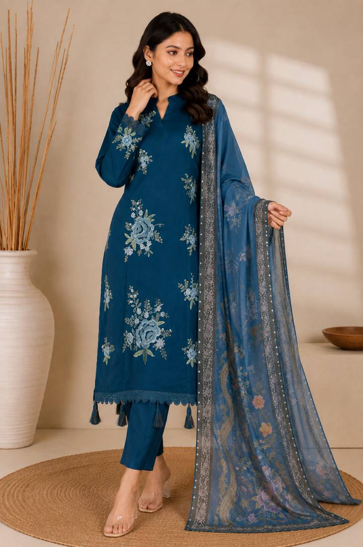 Teal Blue Embroidered Pakistani Suit with Printed Dupatta