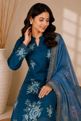 Teal Blue Embroidered Pakistani Suit with Printed Dupatta 4