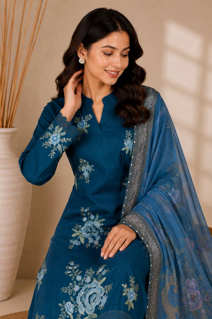 Teal Blue Embroidered Pakistani Suit with Printed Dupatta