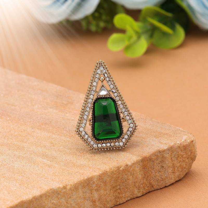Green color handcrafted kundan women's ring
