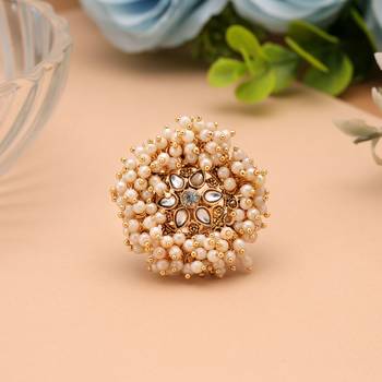 Gold & white color gajra kundan women's ring 1