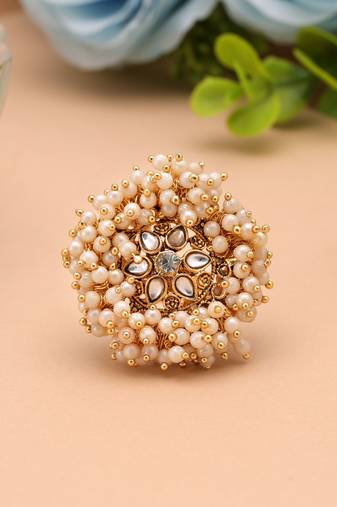 Gold & white color gajra kundan women's ring