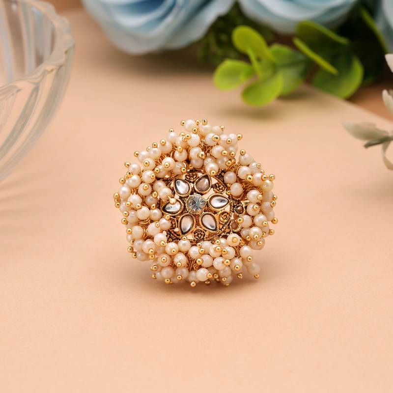 Gold & white color gajra kundan women's ring